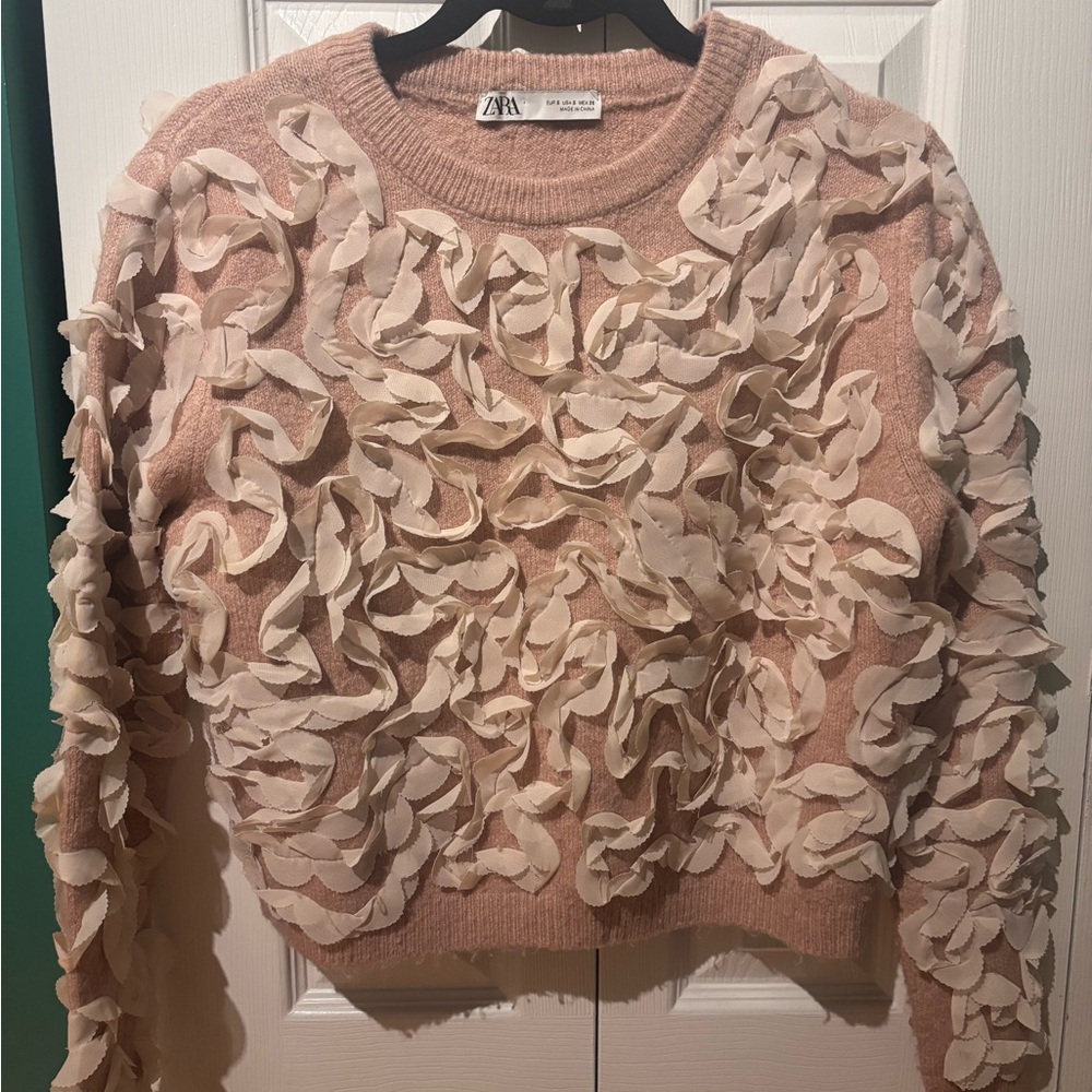 Zara Blush tan Women's Sweater with rose appliqué